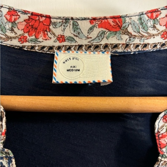 Anthropologie Postmark cotton navy blue top w/ floral frieze bib detail - Picture 3 of 4